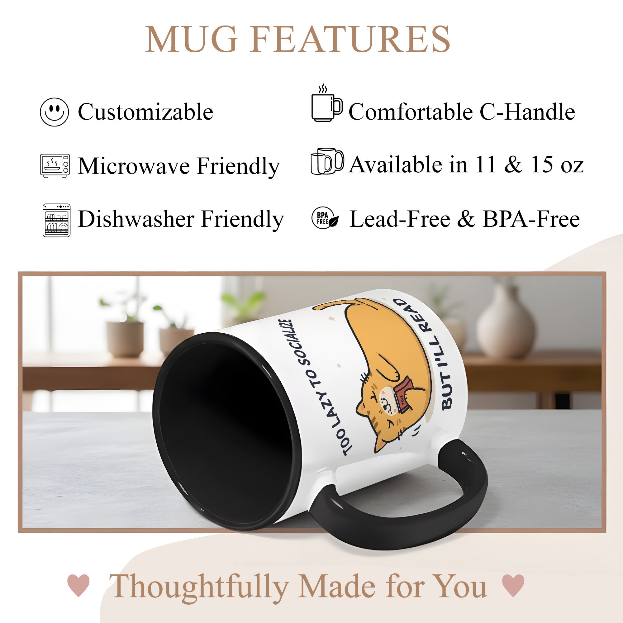 Too Lazy To Socialize But I’ll Read Mug – Funny Cat Lover Book Mug – Introvert Reader Coffee Cup – 11oz 15oz Ringer | Mug 130