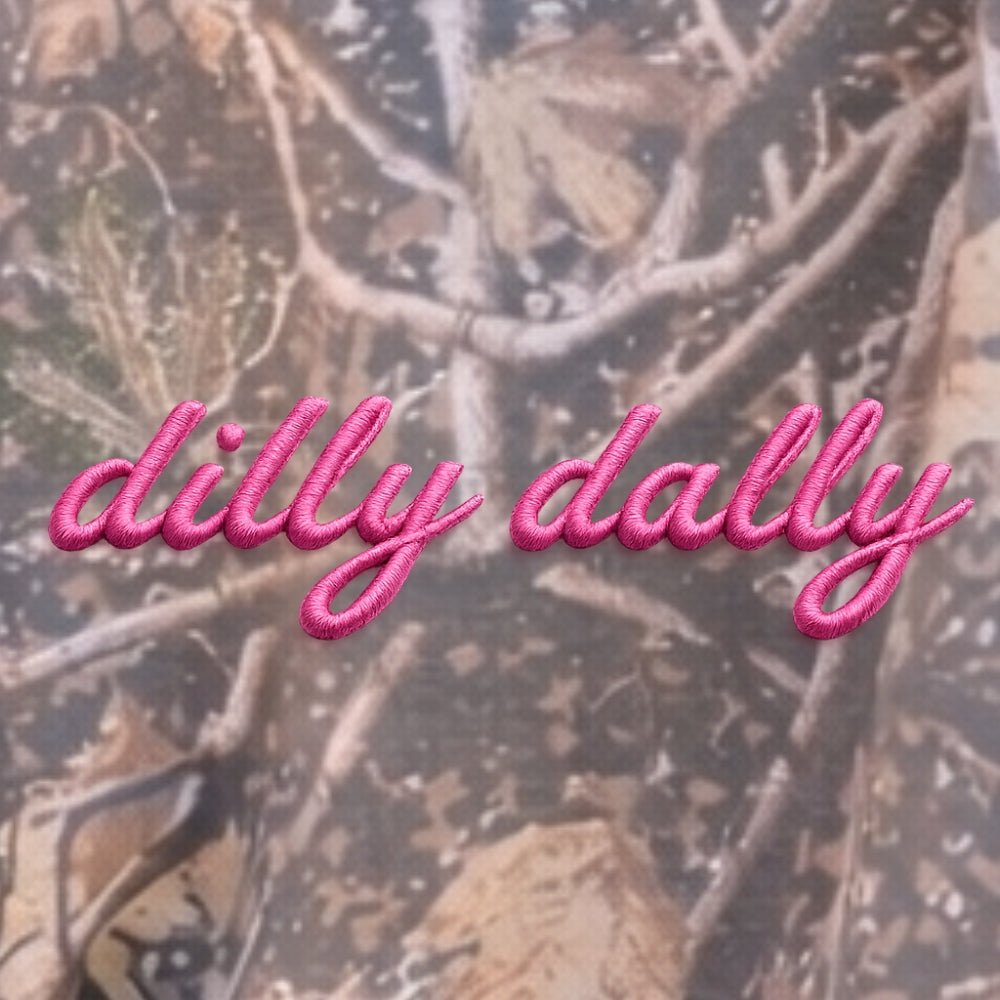 Embroidered ‘Dilly Dally’ Camo Hideaway Crewneck