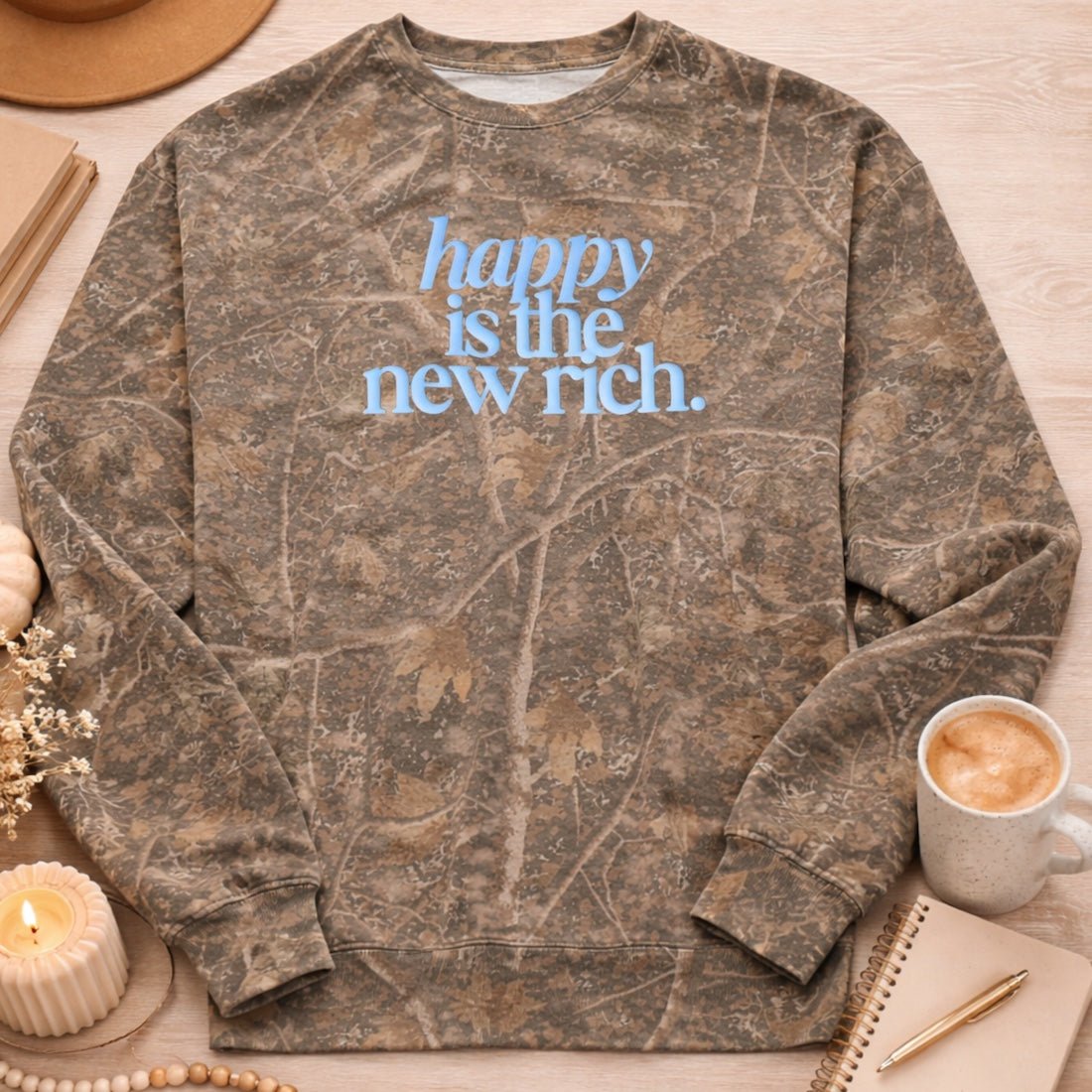 PUFF 'Happy Is The New Rich' Camo Hideaway Crewneck